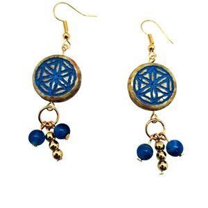 Czech glass and stone bead earrings on gold tone ear wires blue yellow